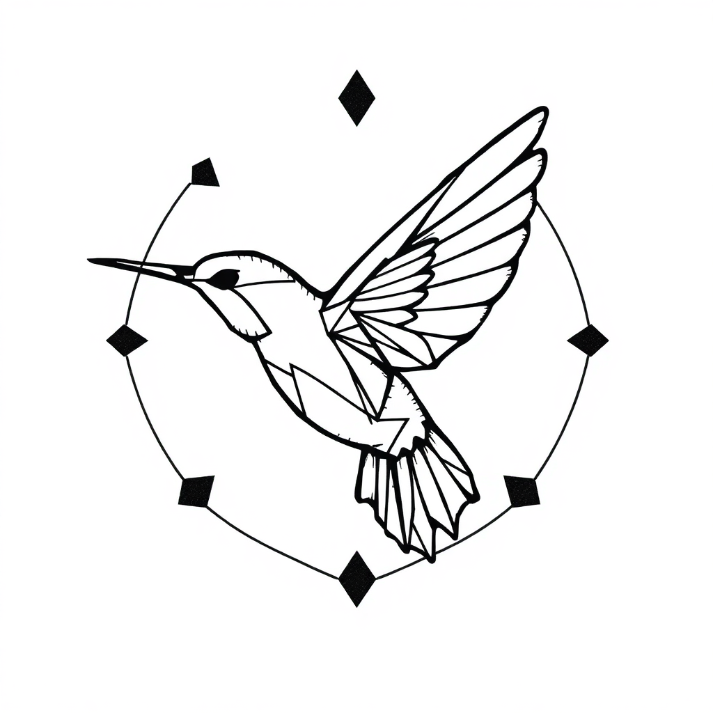 Intricate black and white geometric hummingbird tattoo design in mid-flight, surrounded by sharp angles and dynamic shapes.