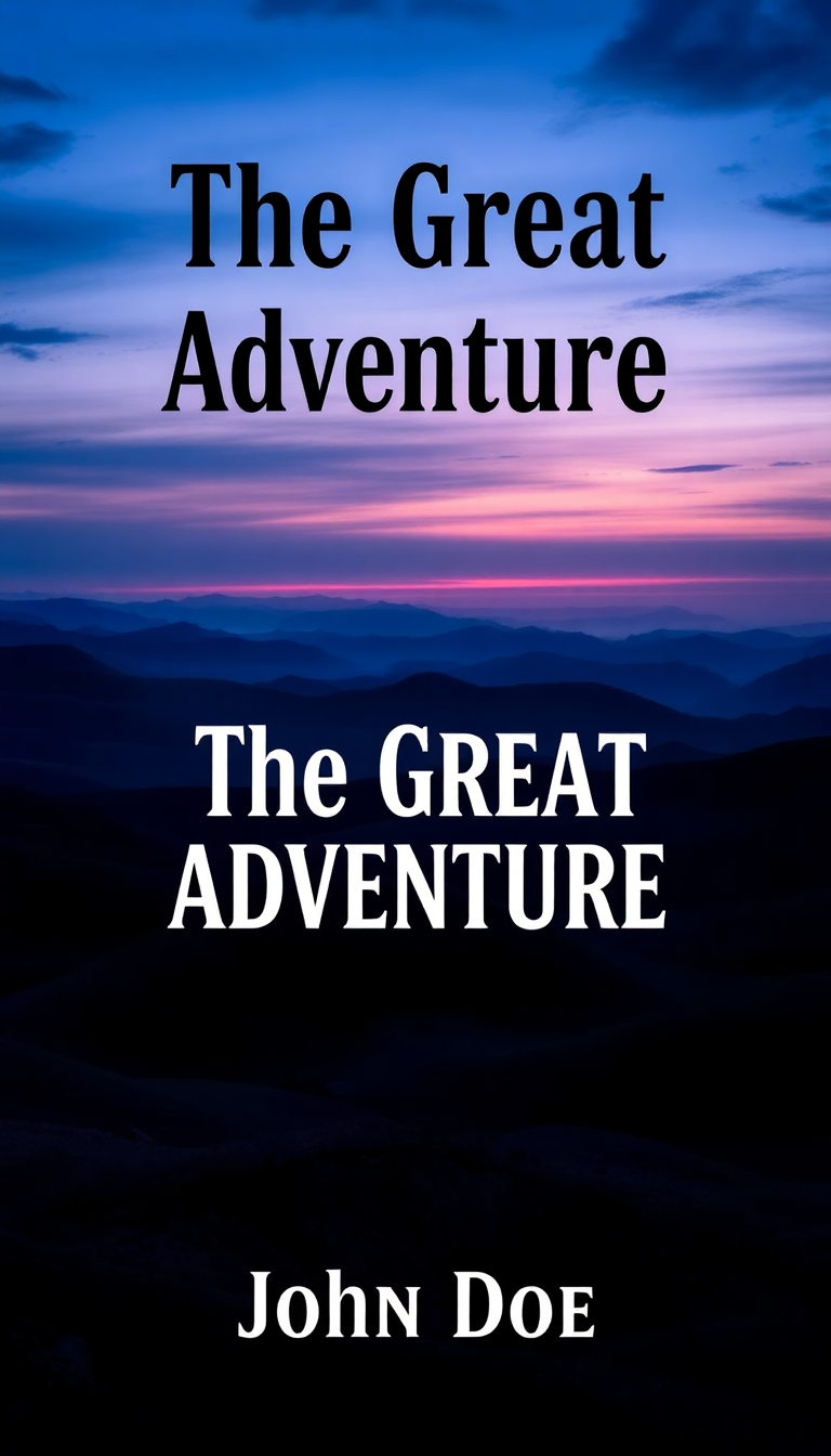 Captivating book cover for "The Great Adventure" featuring a twilight landscape, bold title, and elegant author name.