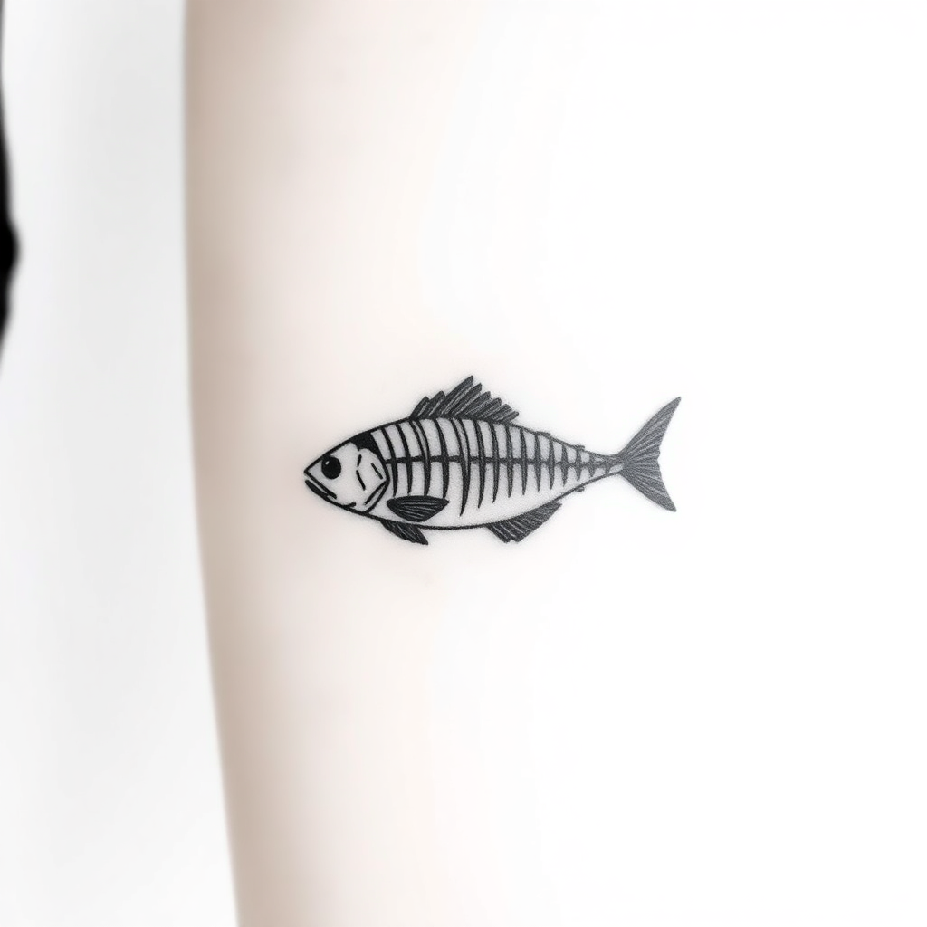 Minimalist tattoo design featuring a small red snapper fish, half skeletal, in black and white on a white background.