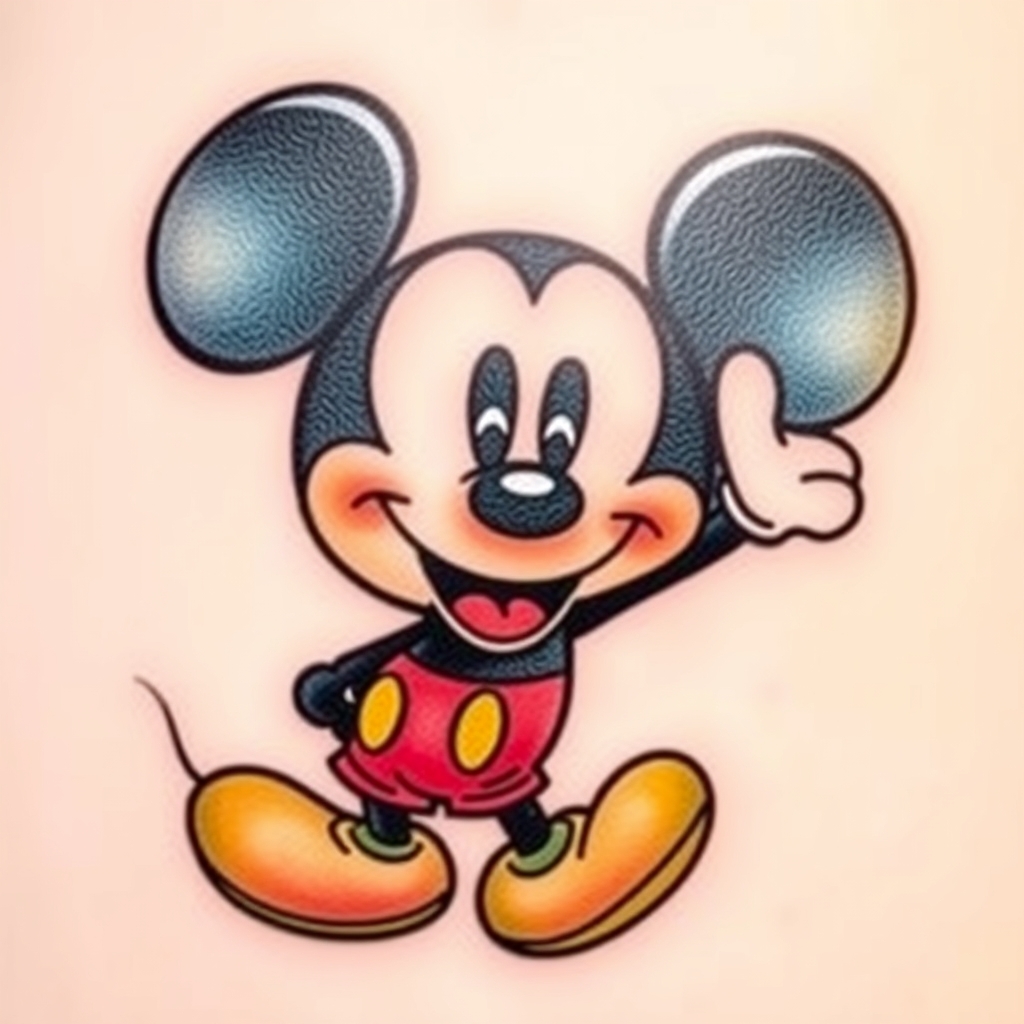 Colorful tattoo of Mickey Mouse in a classic pose, showcasing vibrant colors and modern flair on a white background, perfect for animated tattoo ideas.