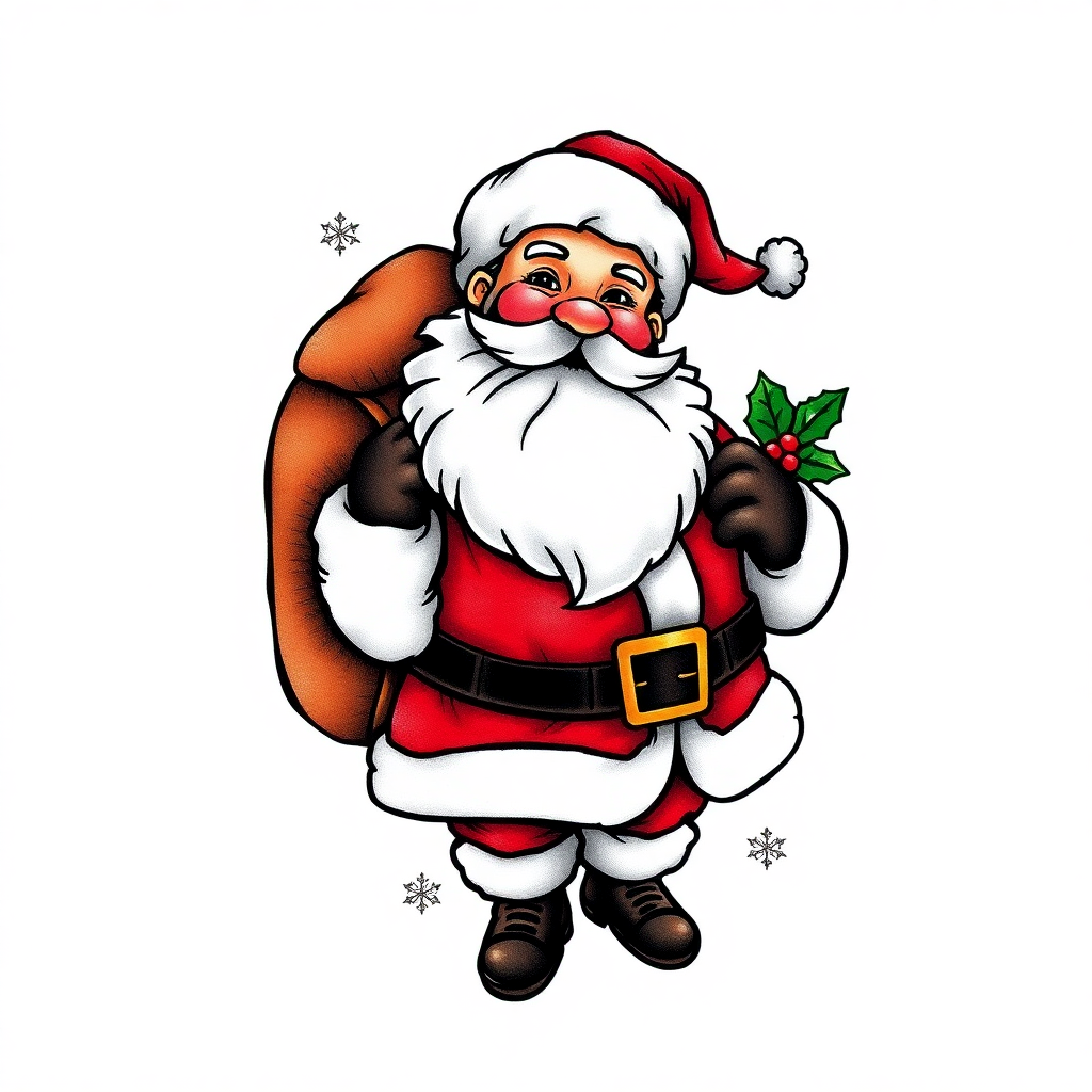 Traditional Santa Claus tattoo featuring a jolly Santa in a red suit with a sack of toys, surrounded by snowflakes and holly leaves.