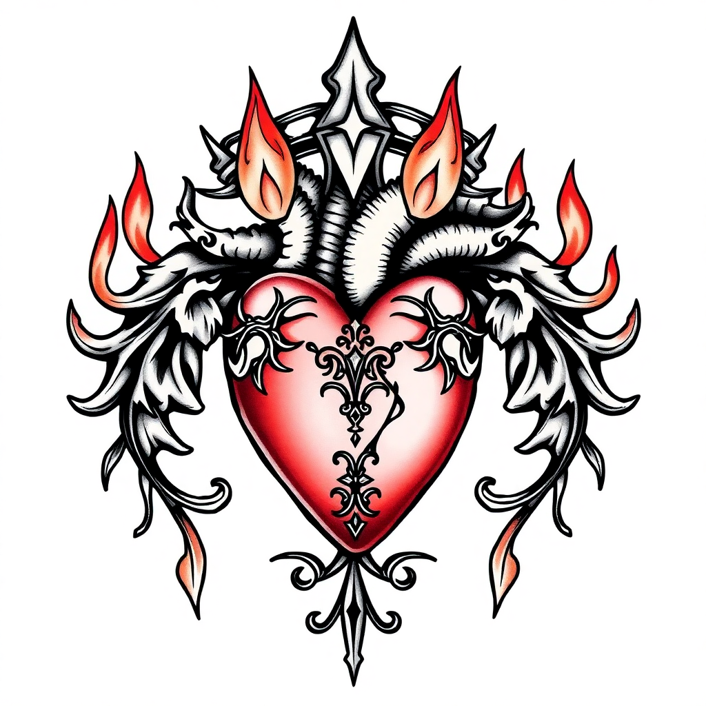 Medium-sized Sacred Heart tattoo design with Gothic details, flames, and a crown of thorns, ideal for gothic tattoo inspiration.