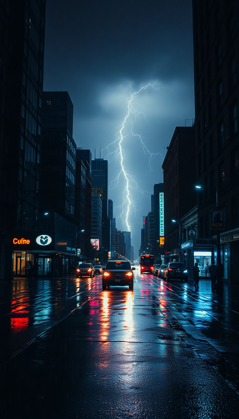 Vertical rainy cityscape at night, showcasing wet streets reflecting vibrant lights and dramatic lightning, perfect for rain wallpaper.