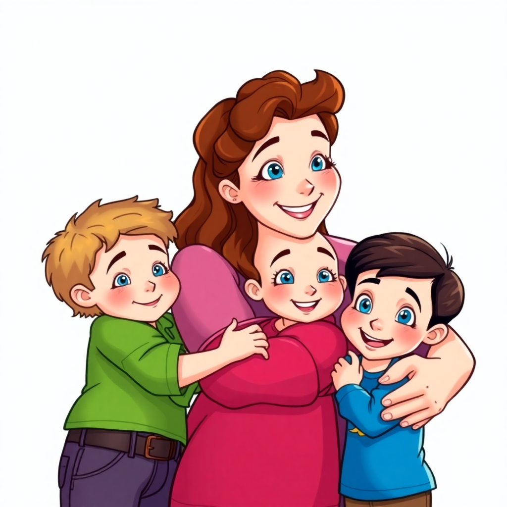 Cartoon family portrait: Mom, Dad, Leo, and Eyra hugging, showcasing love and warmth in an animated style for storybook creation.