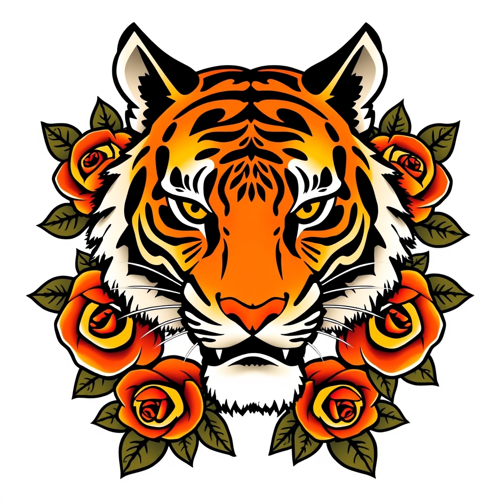 Bold American traditional tiger head tattoo with vibrant orange, yellow, and black colors, surrounded by roses and leaves on a white background.