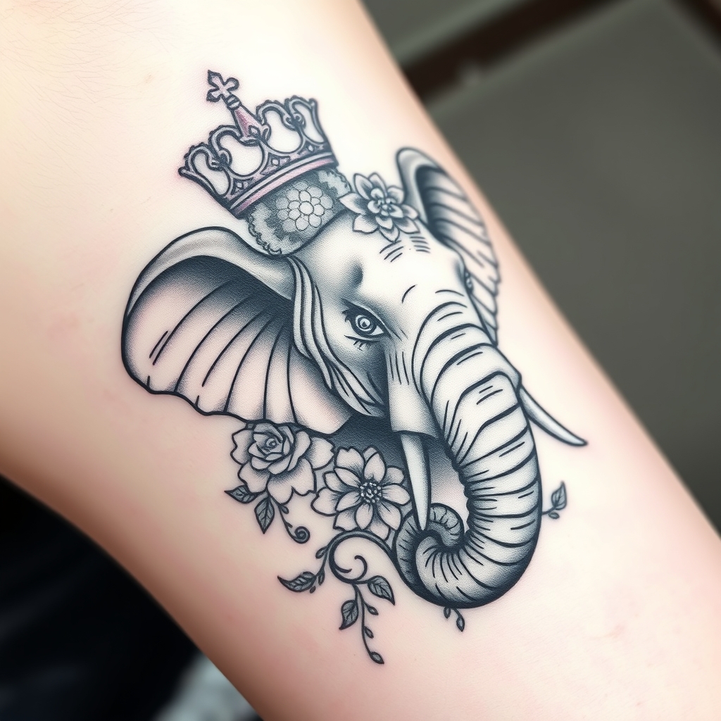 3D elephant tattoo with a crown and floral elements in black and grey on a solid white background, showcasing elegant design.