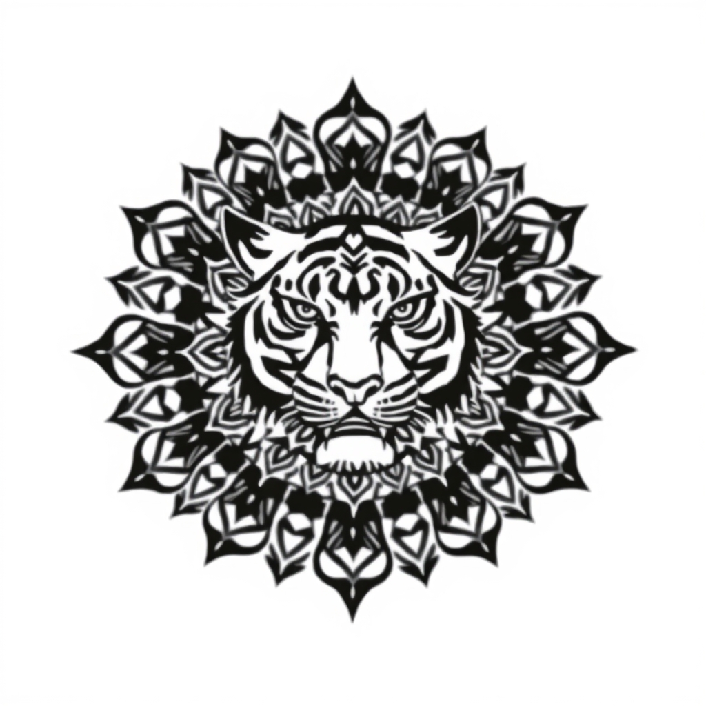 Geometric black and white mandala tattoo design featuring a tiger face with intricate patterns, ideal for mandala tattoo inspiration.