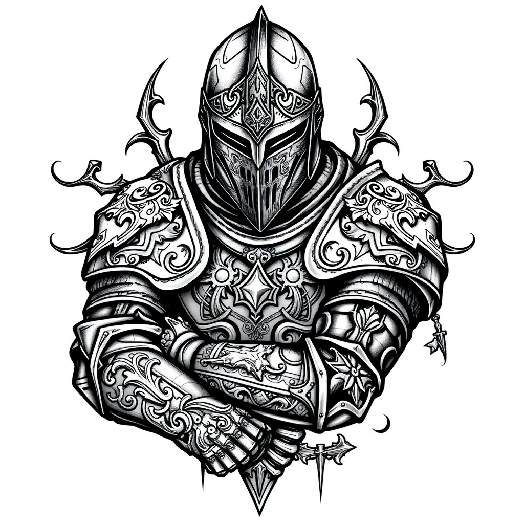 Gothic medieval knight tattoo design featuring intricate armor and helmet details, perfect for a medieval tattoo sleeve.