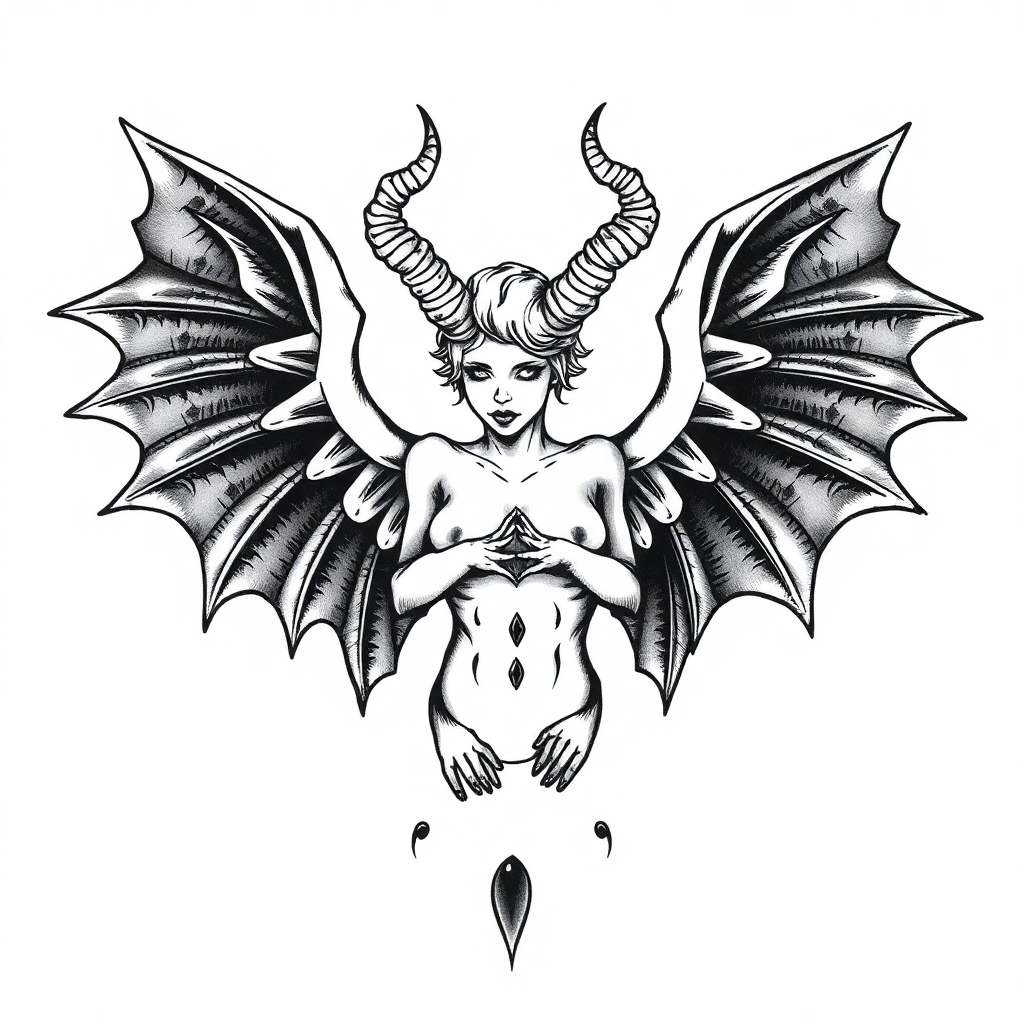 Traditional succubus tattoo featuring detailed, ornate wings with intricate linework and shading, medium size, on a solid white background 