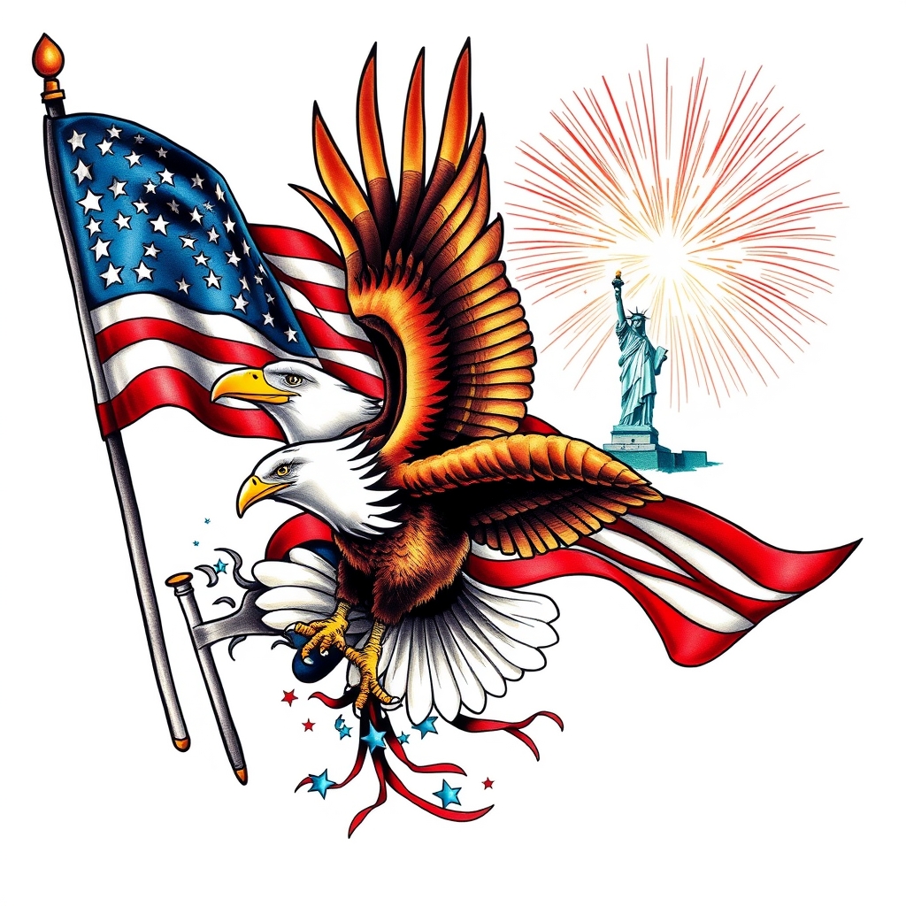 Vibrant patriotic chest tattoo featuring a waving American flag and soaring eagle, with the Statue of Liberty and fireworks in the background.