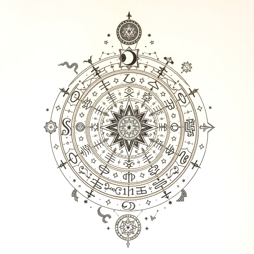 Intricate zodiac wheel tattoo with celestial elements, showcasing magical symbols and flowing designs on a white background.