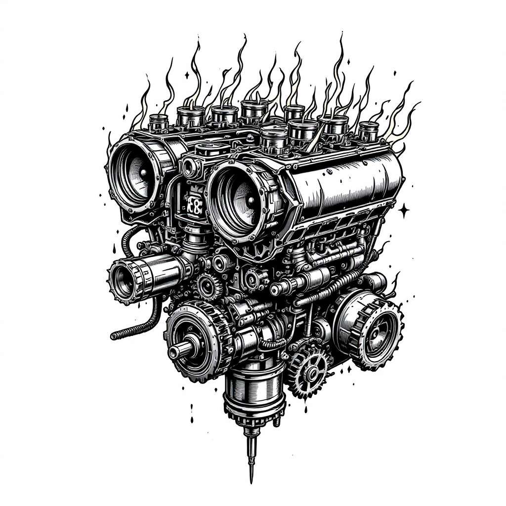 Intricate V8 engine tattoo design featuring pistons, valves, gears, and flames, showcasing dynamic power on a white background.