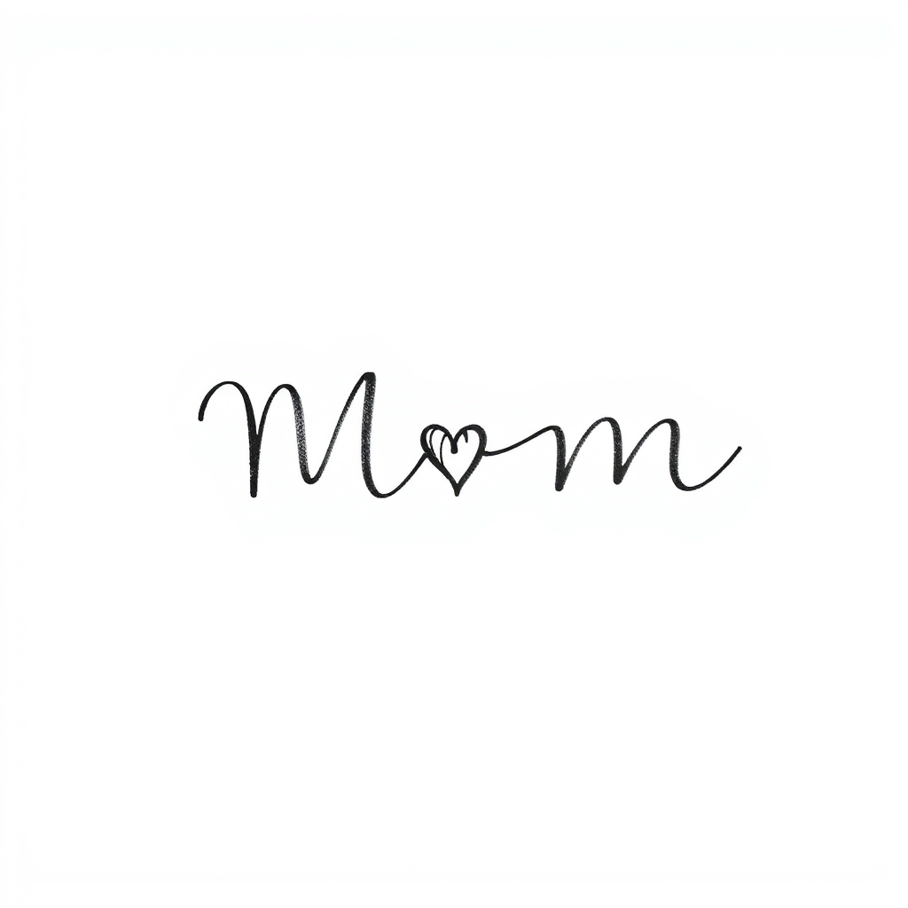 minimalist tattoo design featuring the word "Mom" with a small heart, very small, thin line art on a solid white background
