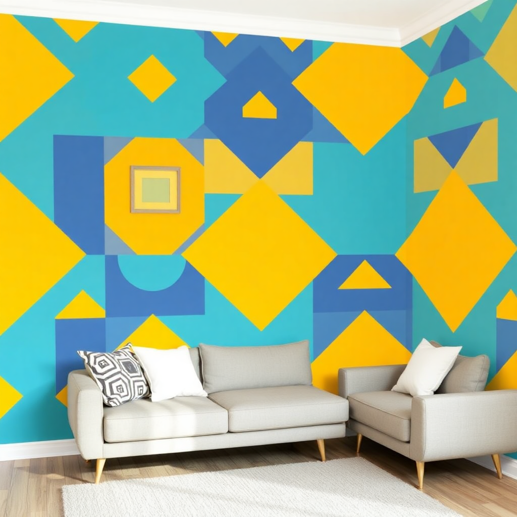 Vibrant geometric corner wall mural featuring blue and yellow shapes, enhancing modern living room decor with creative painting ideas.