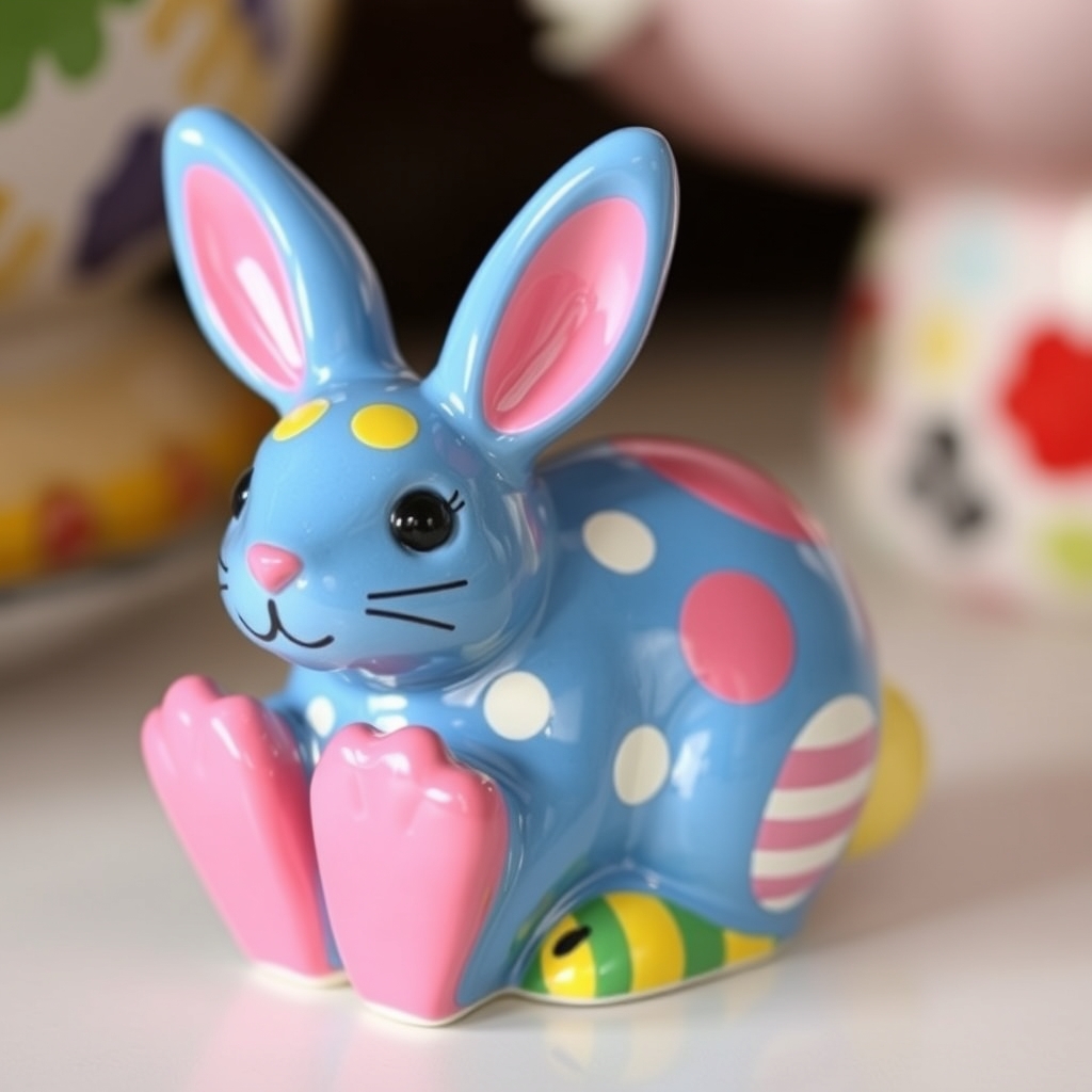 Playful ceramic bunny in blue, pink, and yellow with polka dots, perfect for ceramic bunny painting ideas.