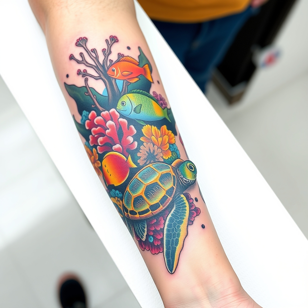 Vibrant forearm-length tattoo featuring coral reefs, tropical fish, and a sea turtle on a white background, perfect for ocean tattoo ideas.