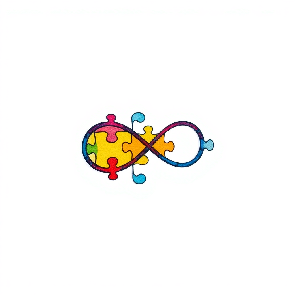 medium jigsaw puzzle piece tattoo for autism awareness, featuring colorful interlocking pieces and an infinity symbol, solid white background 