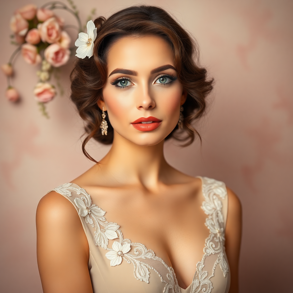 Vintage glamour portrait of an elegantly dressed bride surrounded by soft florals, showcasing timeless beauty and romance.