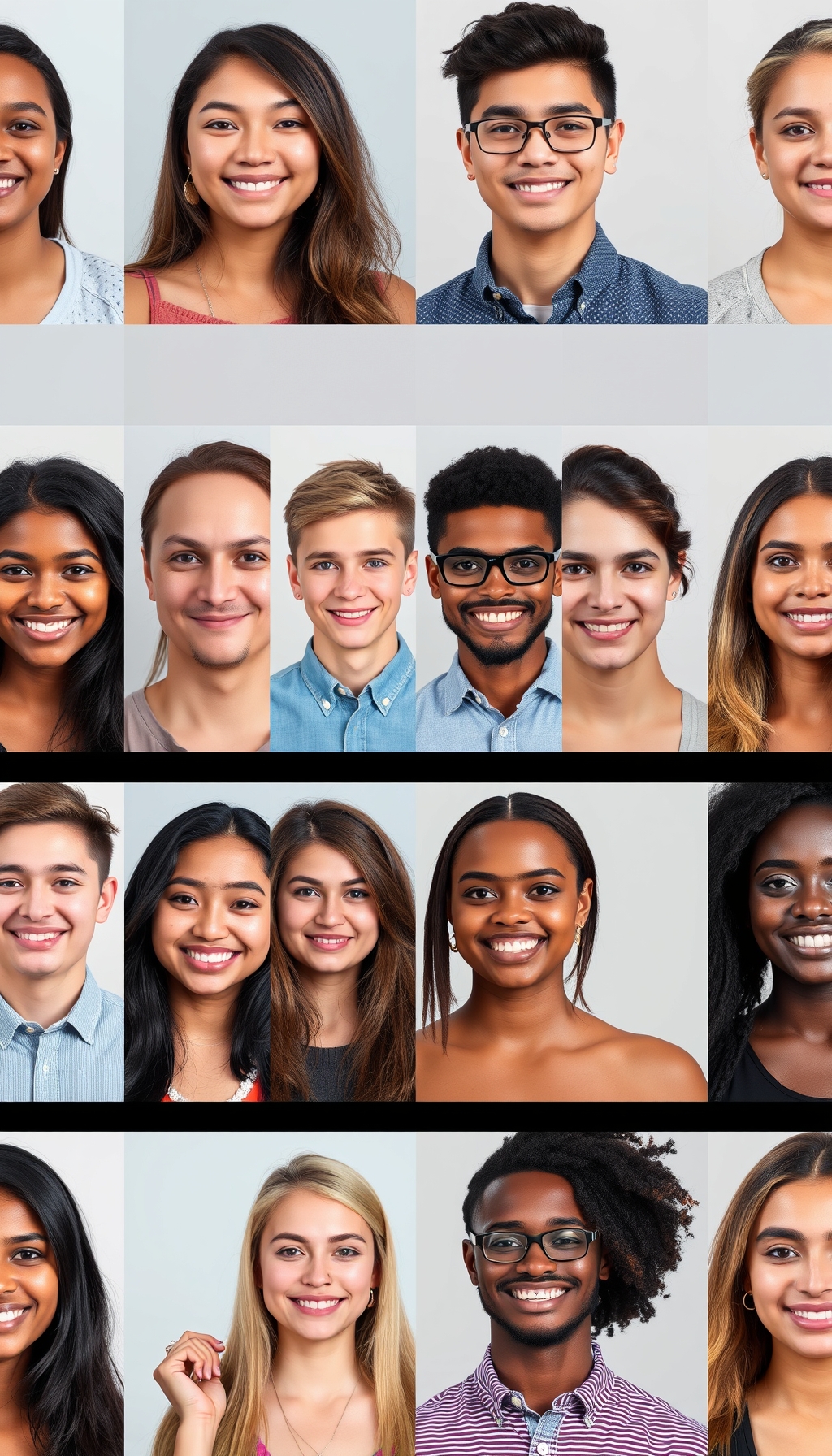 Collage of diverse young adults in professional headshots, showcasing a variety of expressions and styles for wallpaper.