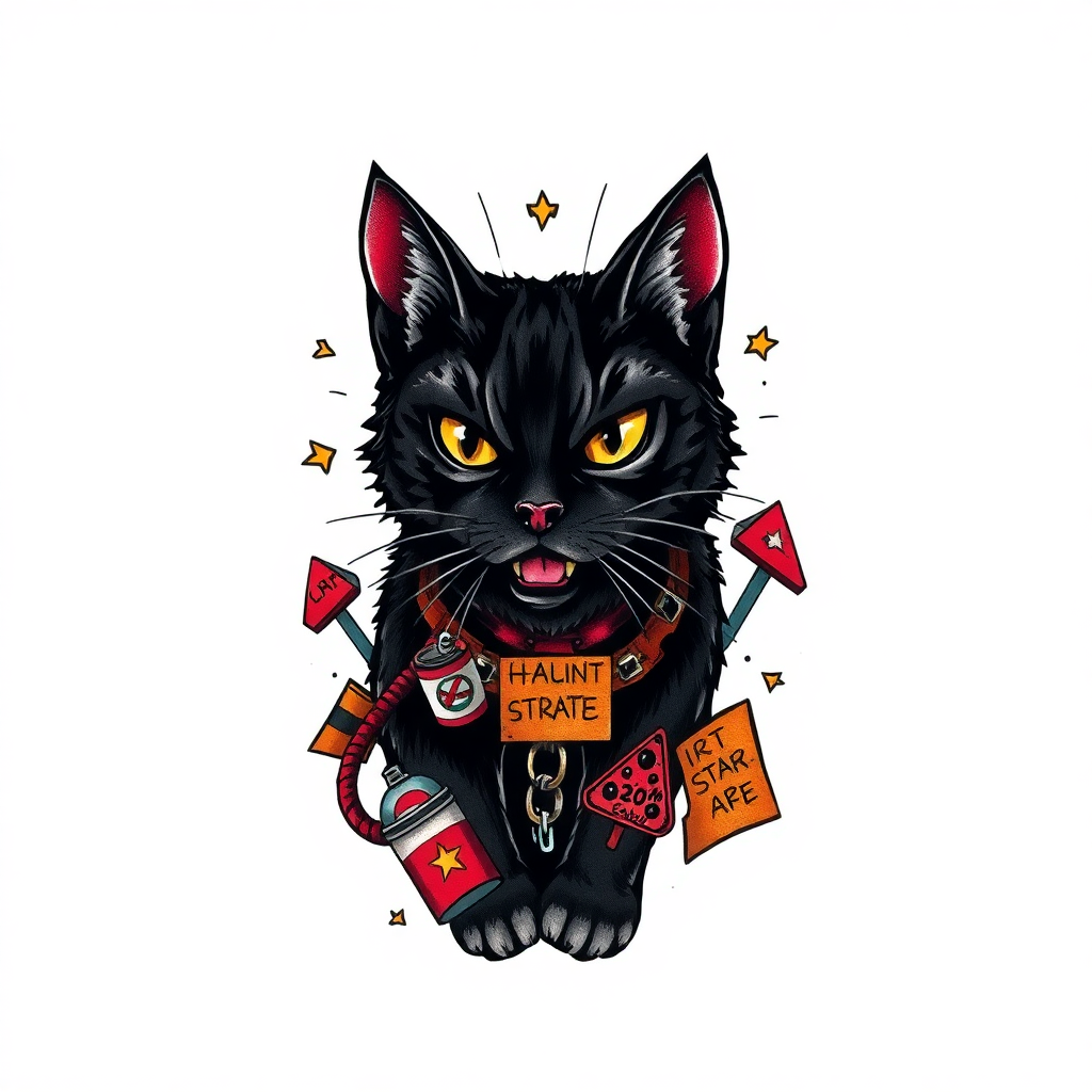 Medium-sized American Traditional tattoo of a rugged black cat with graffiti elements, set against a solid white background.