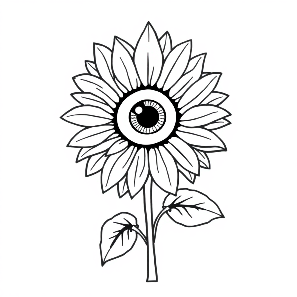 Simple sunflower tattoo stencil featuring a medium-sized sunflower with an eyeball center, stem, and leaves on a white background.