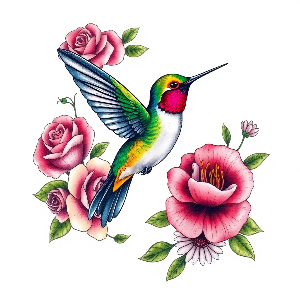 Realistic hummingbird tattoo design in mid-flight, surrounded by vibrant flowers, showcasing intricate details on a white background.