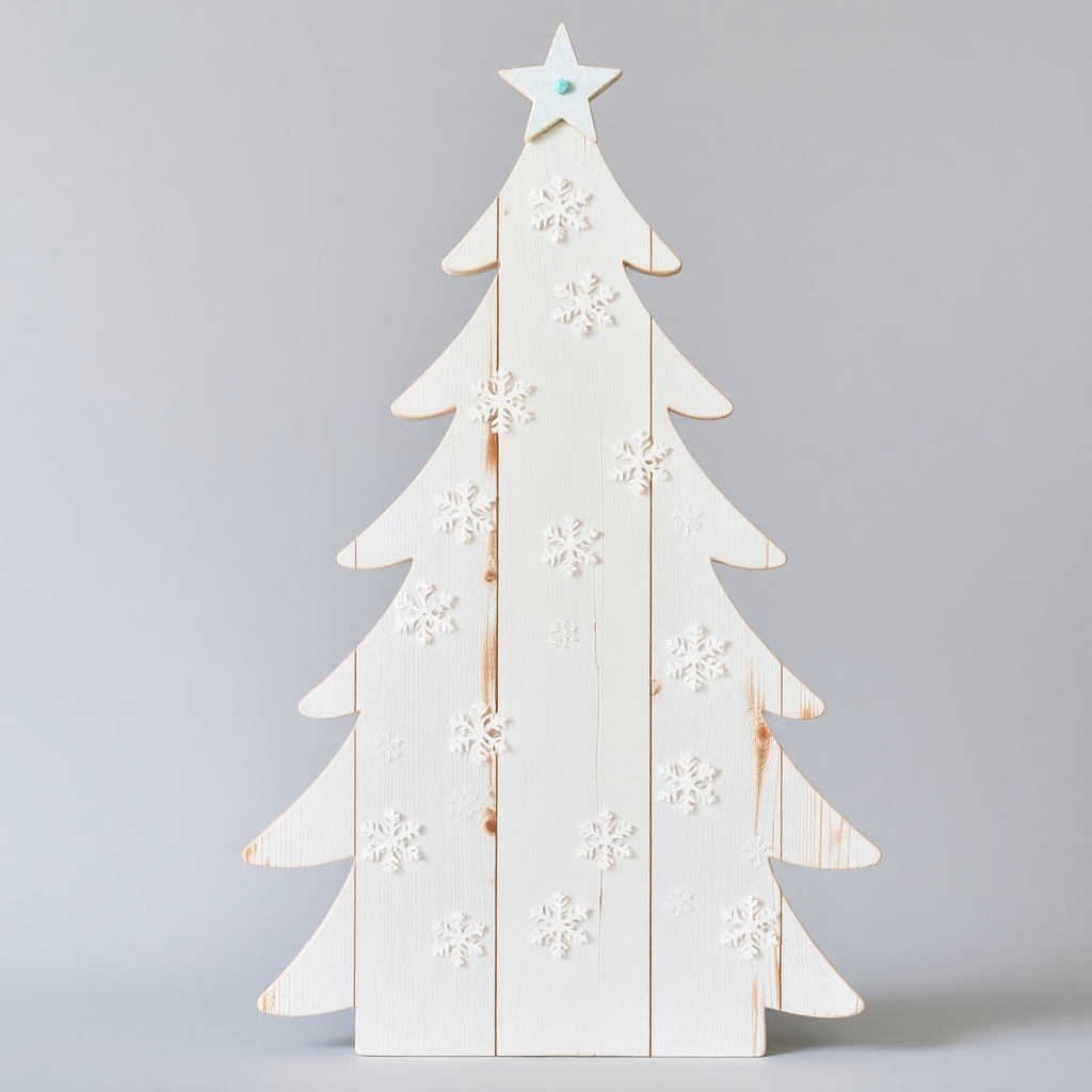Rustic wooden Christmas tree crafted from pine, painted white with ice blue snowflake patterns, perfect for holiday decor ideas.