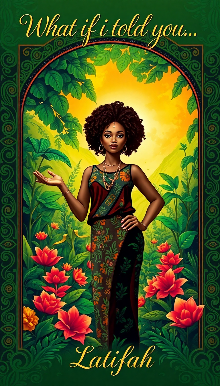 Confident African American woman in a vibrant garden, embodying empowerment, with a beautifully designed book cover titled "What if I told you..".