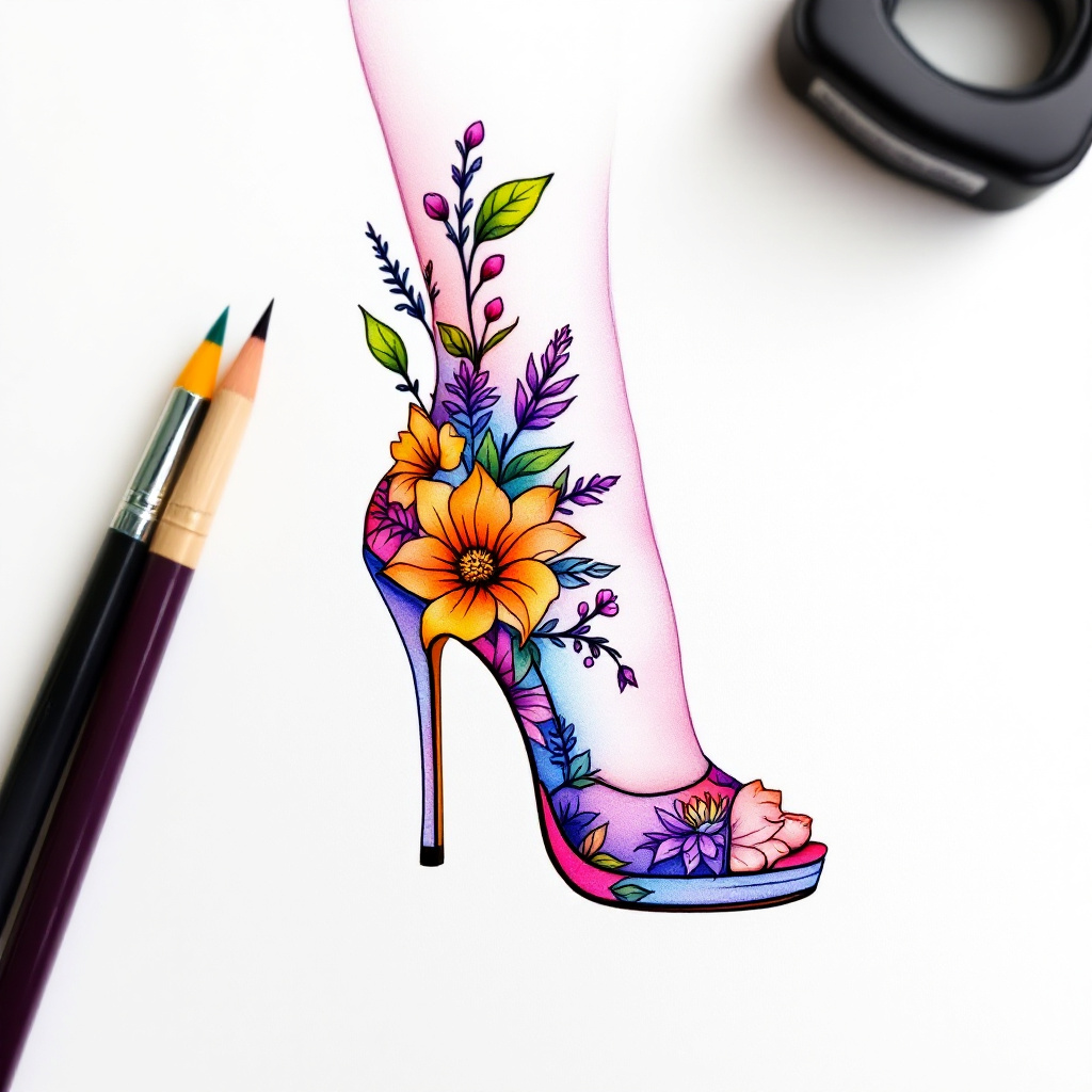 Colorful minimalist high heel tattoo featuring floral elements, designed in thin lines on a solid white background.