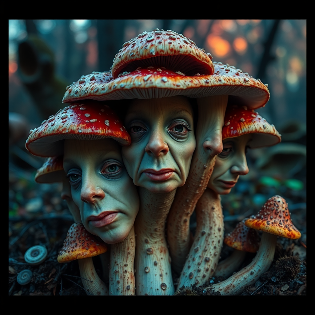 Surreal illustration of Amanita mushrooms merging with distorted faces and eyes, evoking a vibrant weirdcore art style.