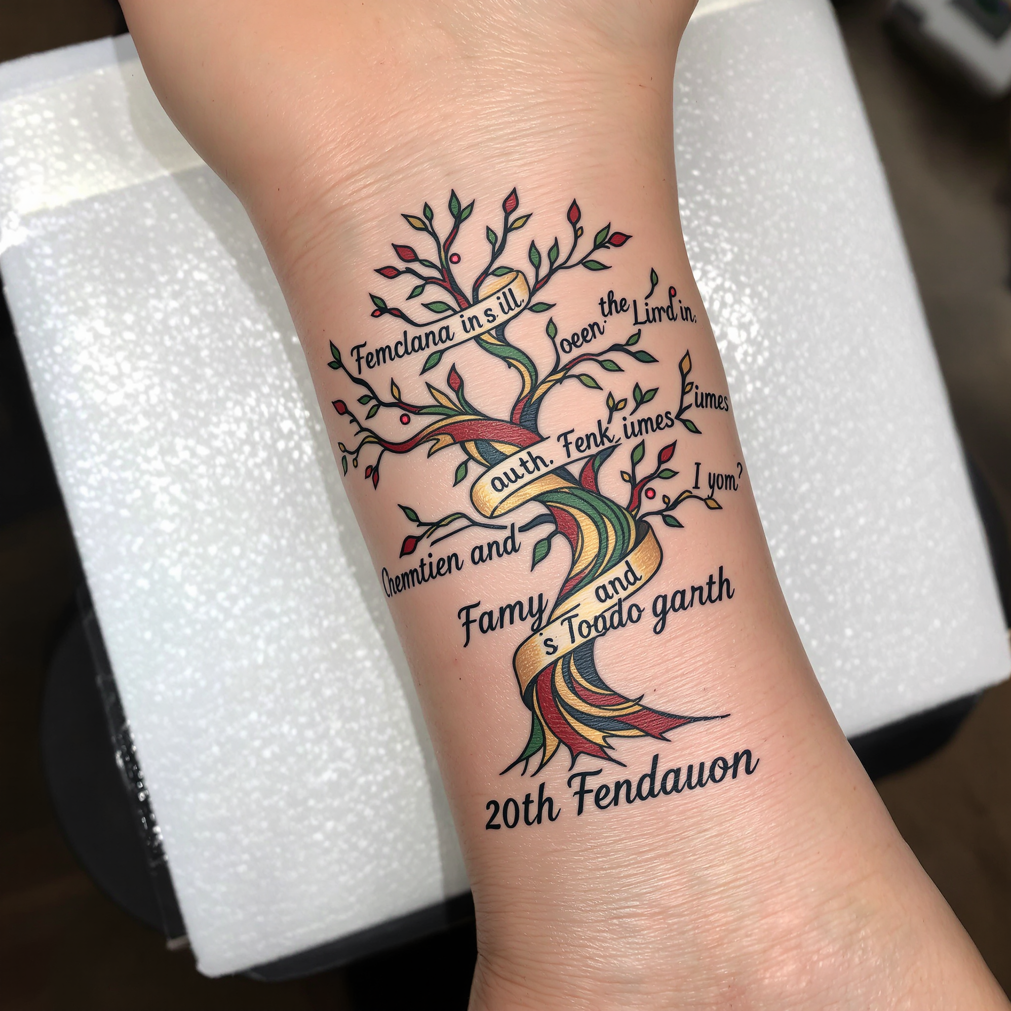 Intricate Old School family tree tattoo on wrist, featuring bold lines, red, green, and gold colors, with names inscribed along branches.