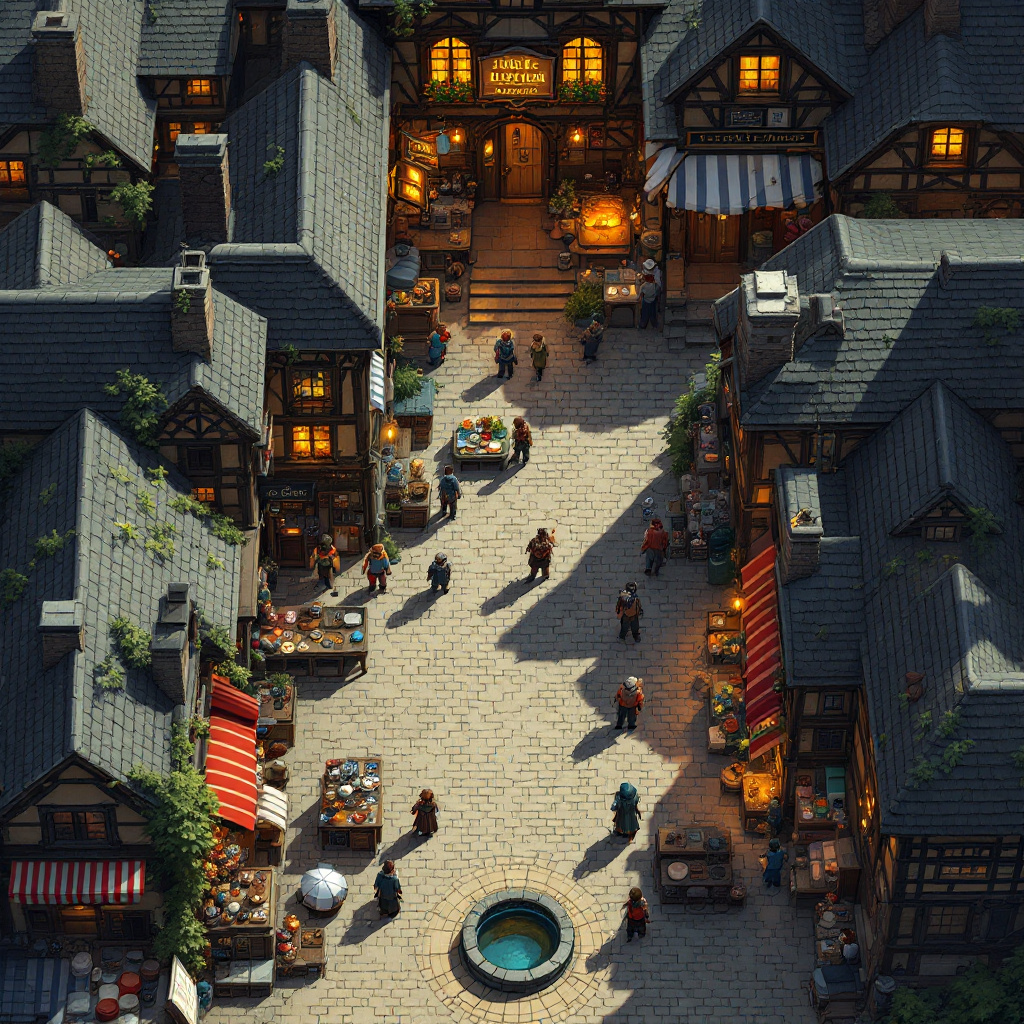 Top-down view of a bustling D&D village high street with a tavern, blacksmith, and colorful shops, ideal for dungeon background gameplay.