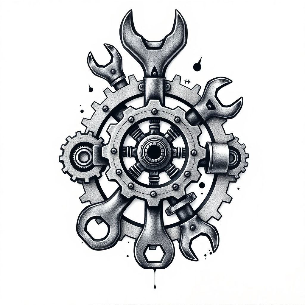 Intricate industrial tattoo design featuring interlocking gears and wrenches, perfect for mechanical engineering enthusiasts.