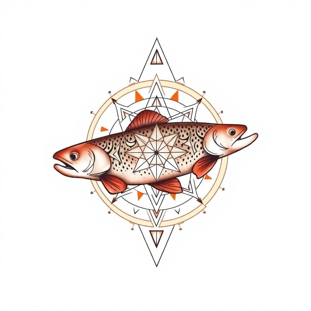 Abstract geometric brown trout tattoo design featuring mandalas and prisms, showcasing a unique circle of life concept on a white background.