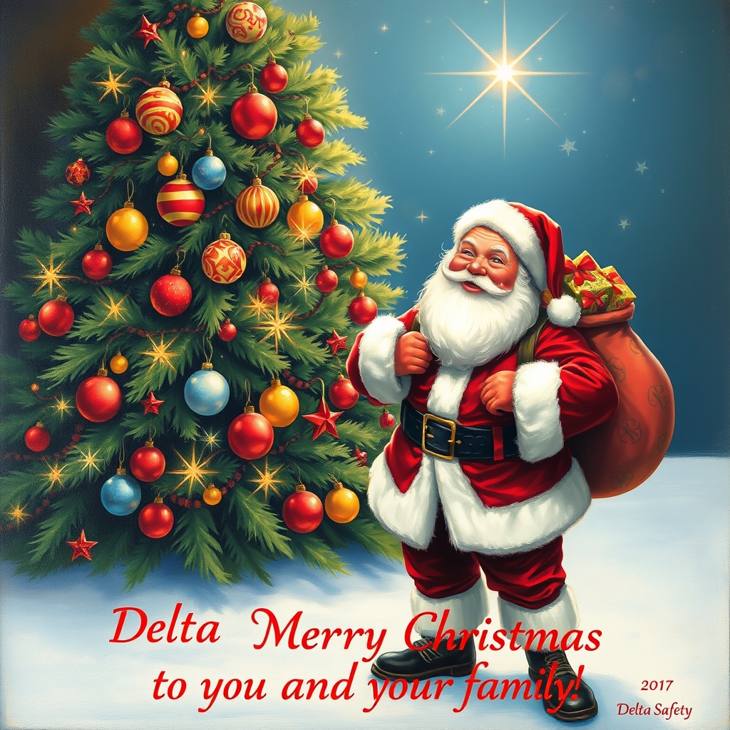 Santa Claus joyfully stands beside a beautifully decorated Christmas tree, sharing a festive message for painted Christmas cards.