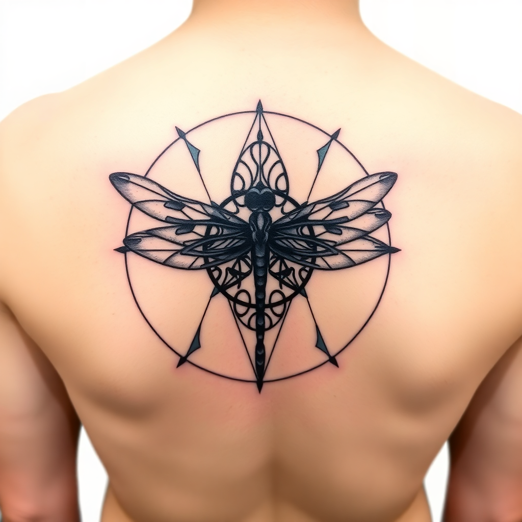 Intricate geometric tattoo design featuring overlapping patterns, expertly covering a dragonfly tattoo on a solid white background.
