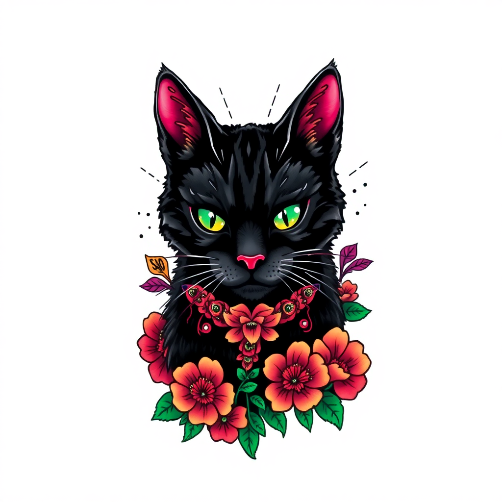 Medium-sized American Traditional tattoo of a rugged black cat with graffiti elements, set against a solid white background.