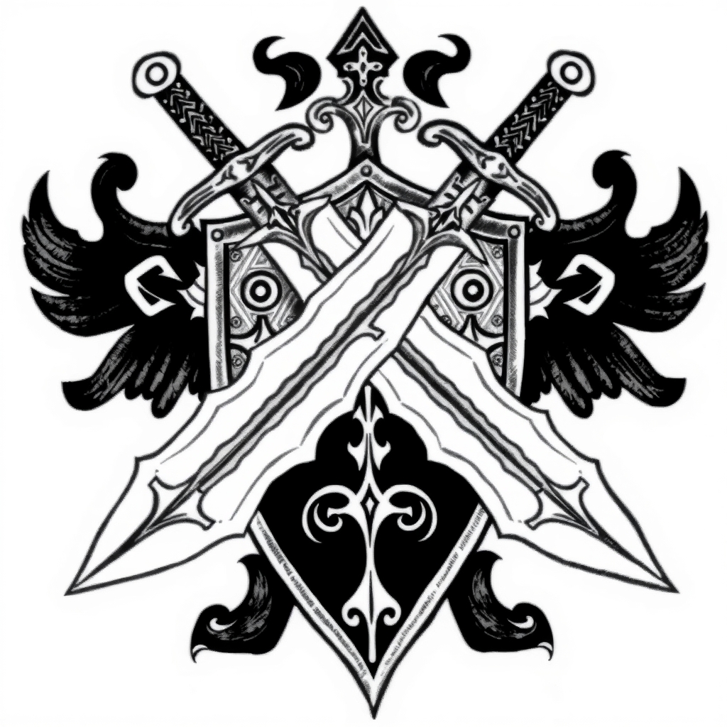 Medieval paladin tattoo featuring a detailed crossed sword and shield design in bold black and white lines.