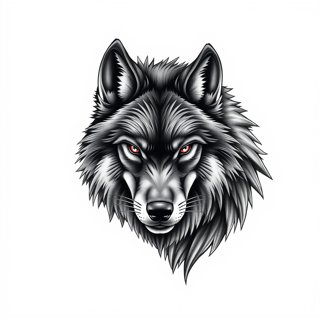 Realistic medium-sized 3D wolf tattoo design, detailed fur and piercing eyes, on a solid white background 