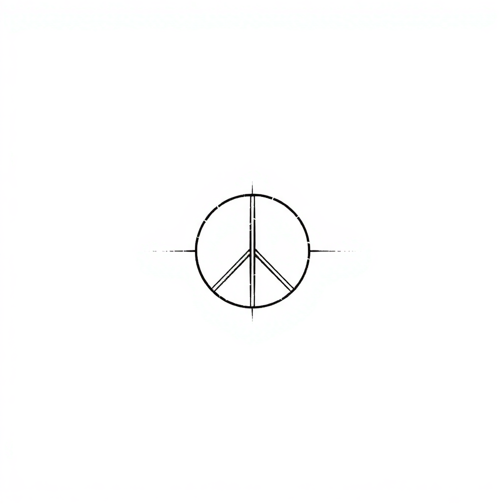 Delicate minimalist fine line tattoo design featuring a peace symbol on a solid white background, perfect for women's tattoo inspiration.
