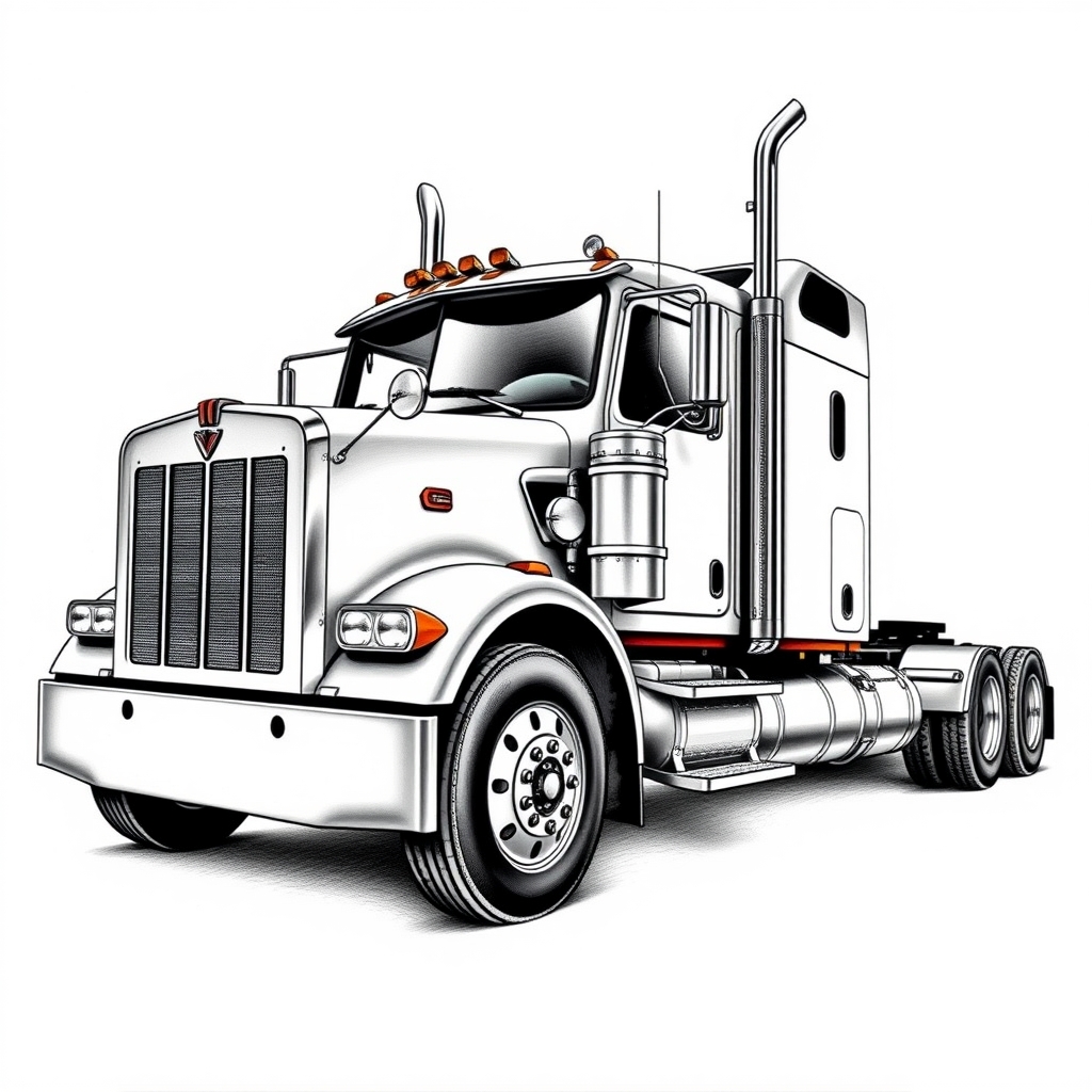 Realistic large Kenworth truck tattoo design with intricate details and shading on a solid white background, perfect for trucker tattoo ideas.