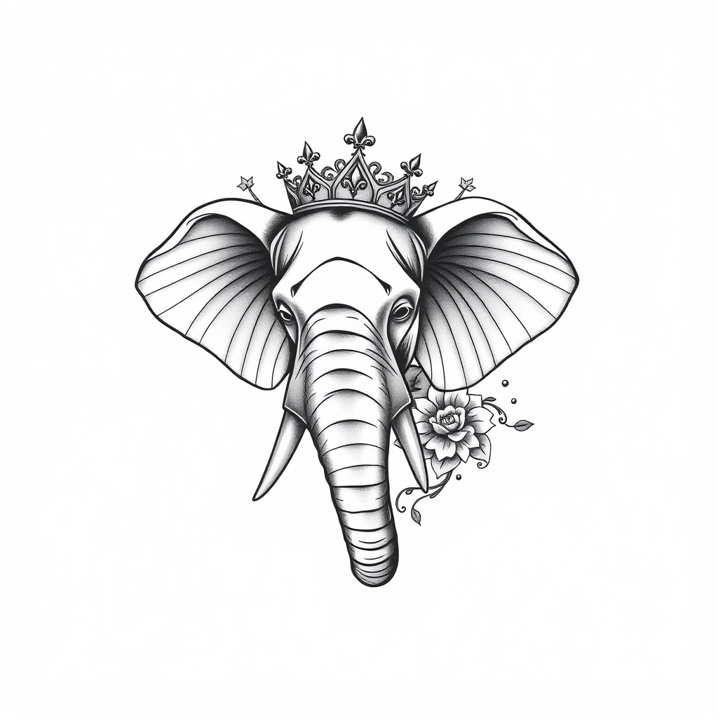 3D elephant tattoo with a crown, featuring intricate floral elements in black and grey tones on a solid white background.