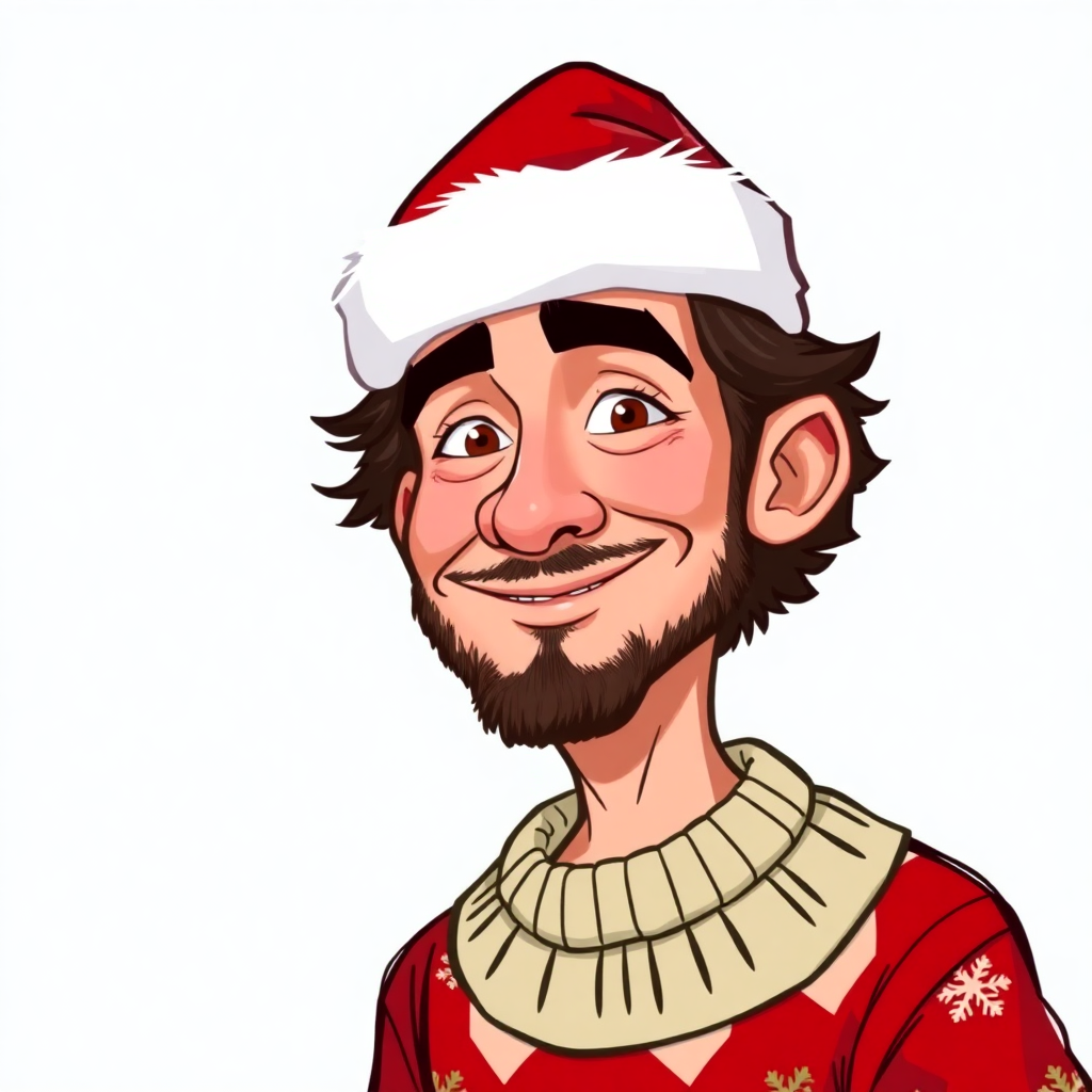 A cartoon-style caricature with natural face features, featuring a Santa hat and a Christmas sweater.
