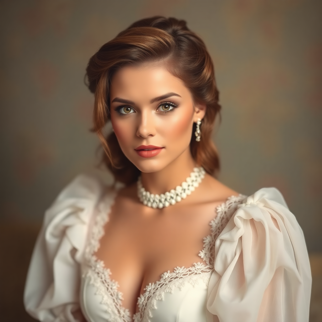 A stunning vintage-style portrait with an elegant and timeless aesthetic, featuring soft colors and classic details.
