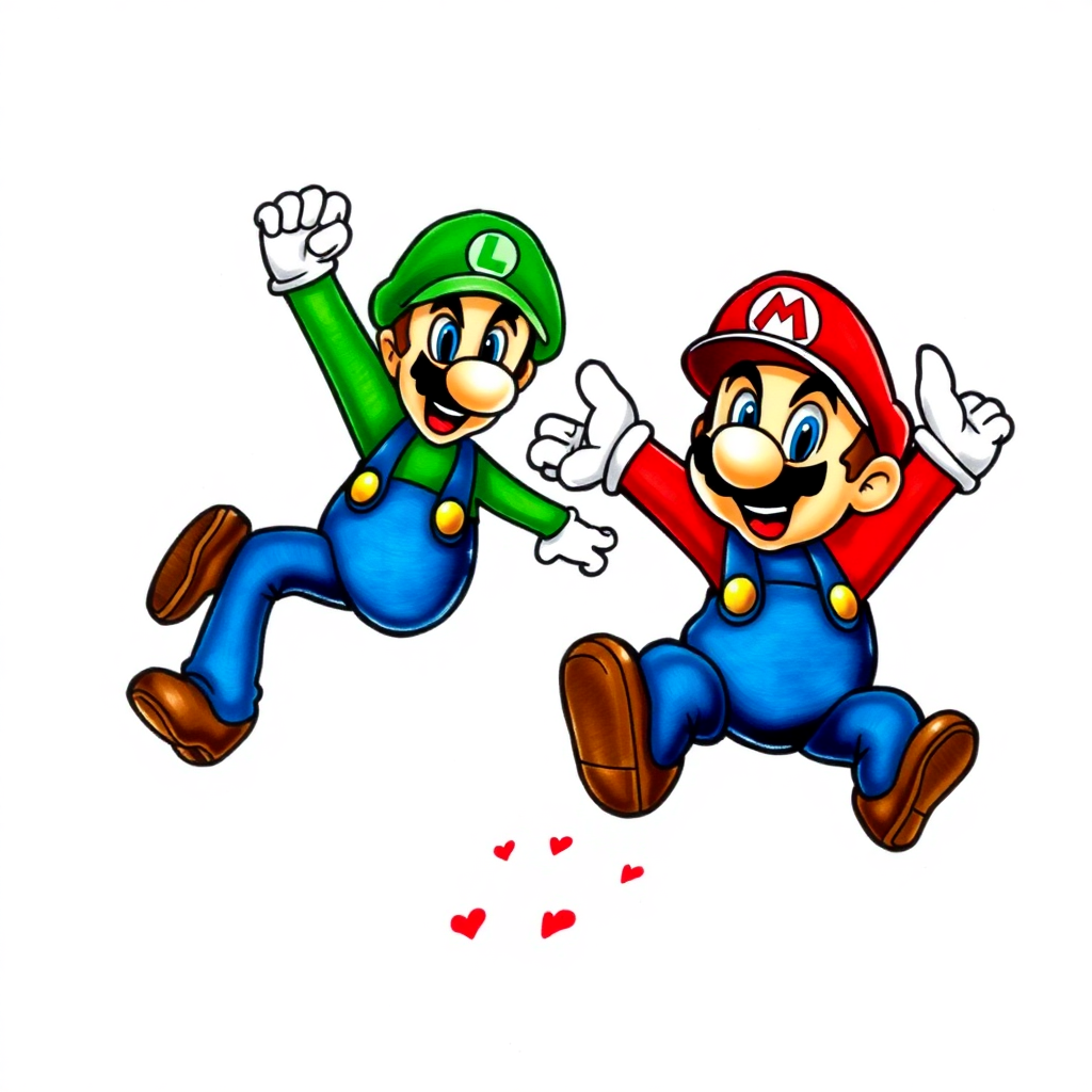 Realistic Mario and Luigi tattoo design in action, showcasing vibrant colors and intricate details of their iconic outfits.