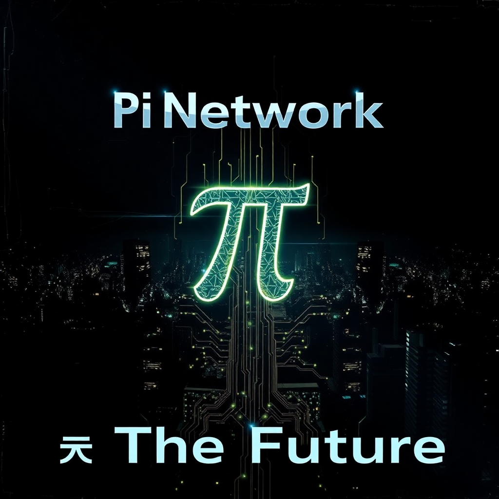 Futuristic metalcore album cover for "π The Future" by Pi Network, featuring a dark cityscape and glowing circuit patterns.