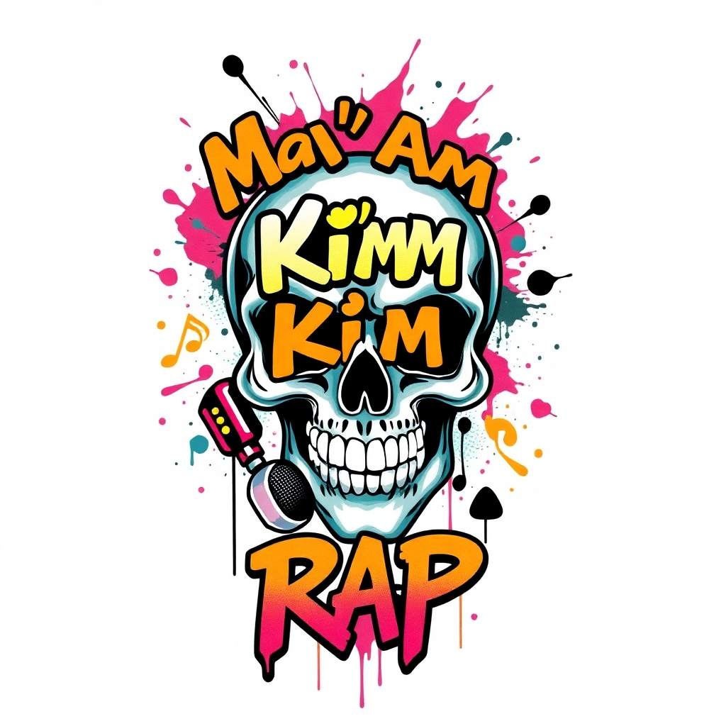 Vibrant graffiti skull tattoo design featuring a colorful skull, microphone, and "Ma'am Kim's Rap" lettering on a white background.