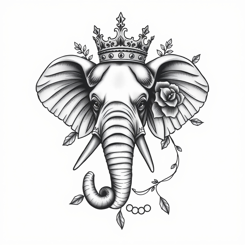 3D elephant tattoo with a crown and floral elements in black and grey on a solid white background, ideal for unique tattoo design inspiration.