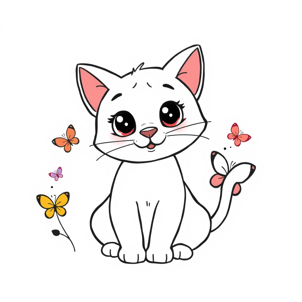 Cartoon cat with big eyes and a fluffy tail, playfully surrounded by colorful butterflies, perfect for easy tracing practice.