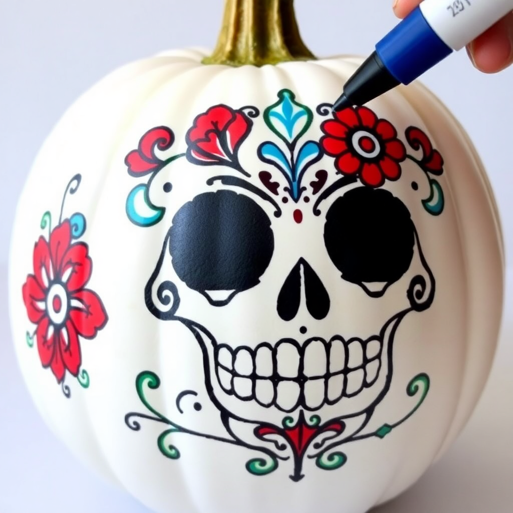 White pumpkin decorated with vibrant Day of the Dead sugar skull patterns, showcasing colorful floral motifs for Halloween inspiration.